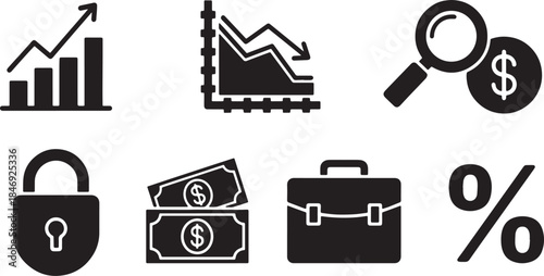 Black Solid Financial Analysis Icon Silhouettes Set of Six on White Background