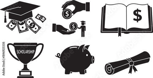 Black Solid Financial Aid Education Silhouettes Set of Six on White Background