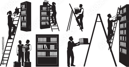 Black Solid Filing Archive Ladder Silhouettes Set of Six on White Background