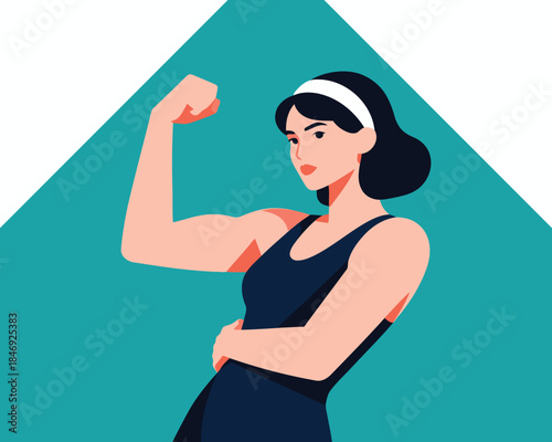 Strong woman flexing her muscles in a powerful pose on green background