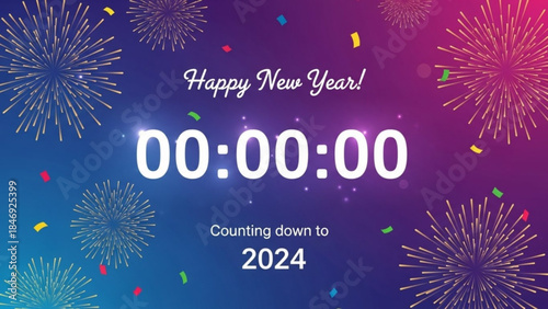 Happy new year celebration with fireworks and countdown to 2024