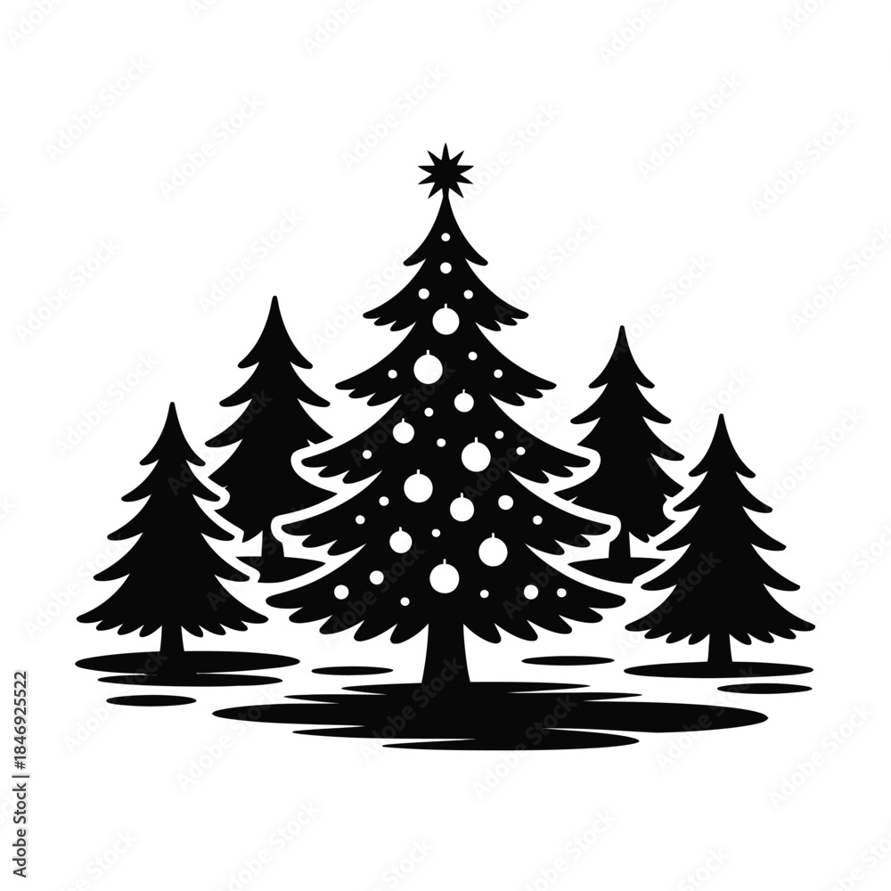 Obraz premium A simple black and white illustration of christmas trees and a star