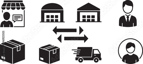 Black Solid Dropshipping Supply Chain Silhouettes Set of Six on White Background