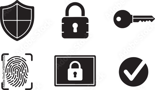 Black Solid Digital Security and Privacy Icon Silhouettes Set of Six on White Background