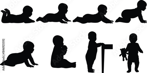 Baby Milestones Silhouette Vector Collection Infants Crawling, Sitting, Standing, and Lying Down Poses for Childcare, Growth, and Development