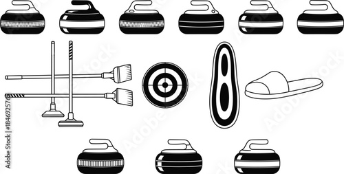 Curling sport equipment silhouettes set featuring stones brooms target house slider and accessories isolated on white background for winter sports concepts