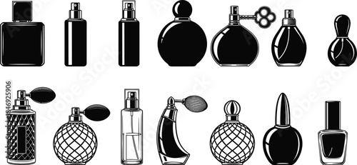 Perfume and cosmetic bottle silhouette set featuring vintage and modern fragrance containers isolated on white background for beauty branding design