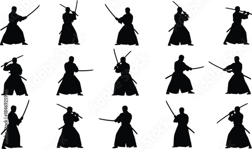 Samurai warrior silhouettes collection showing traditional Japanese sword fighting stances and katana combat poses isolated on white background