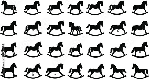 Rocking horse silhouettes collection showing classic toy horses in multiple poses isolated on white background for nursery decor and vintage design