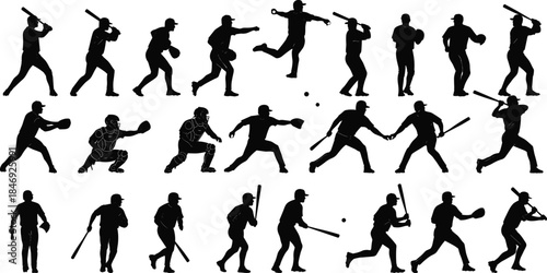 Set of baseball player silhouettes showing batting, pitching, running, and fielding actions isolated on white background for sports design