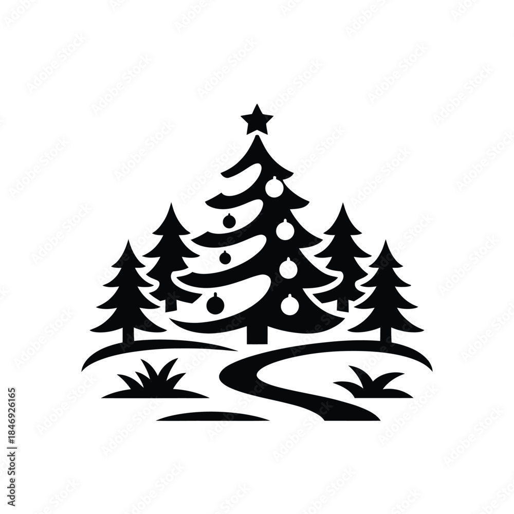 Obraz premium A silhouetted christmas tree amidst a forest landscape with a winding path