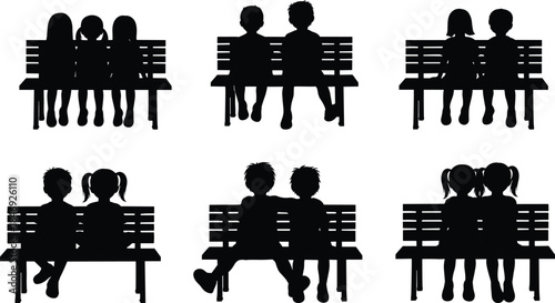 Silhouette collection of children sitting on park benches together, representing friendship, childhood bonding, playtime moments, and social interaction concept
