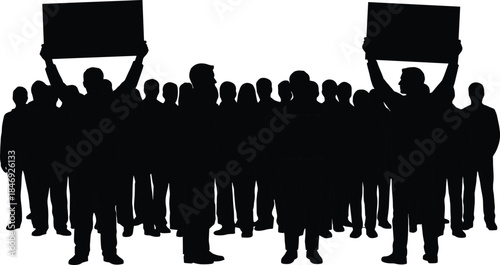 Silhouette crowd of people holding blank protest banners together symbolizing demonstration, activism, social movement, freedom of speech, and public opinion