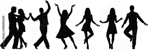 Silhouette group of men and women dancing together expressing joy, celebration, nightlife energy, freedom, and artistic movement on white background