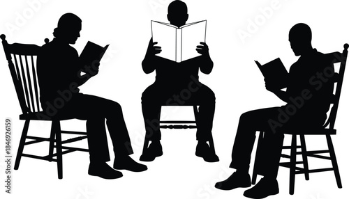 Silhouette illustration of three people reading books while sitting on chairs, concept of education, literacy, study and knowledge