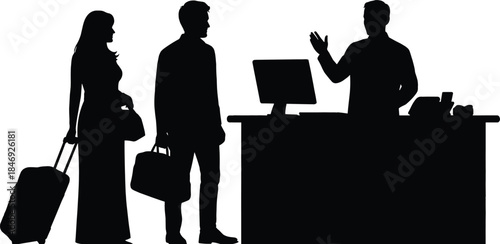 Silhouette of travelers checking in at hotel reception desk with luggage symbolizing travel service, hospitality industry, booking, and customer support