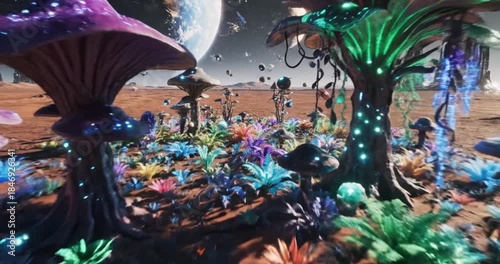 Alien Planet Landscape with Exotic Flora and Celestial Bodies.