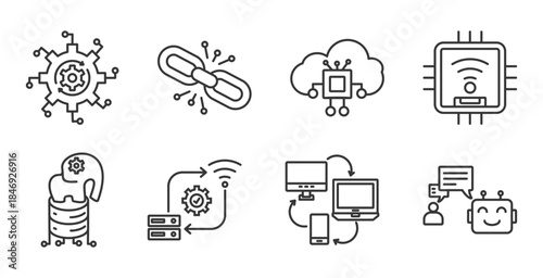 Industry 4.0  icon set collection in outline style. Icon pack contains Automation, connection,cloud computing, iot, big data, system integration, Digitalization, Artificial Intelligence (AI)