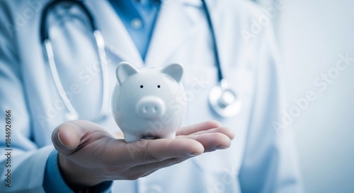 Doctor holding piggy bank in hand wearing stethoscope and lab coat concept of healthcare finance