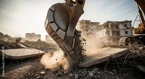 Demolition Site with Excavator Destroying Building.