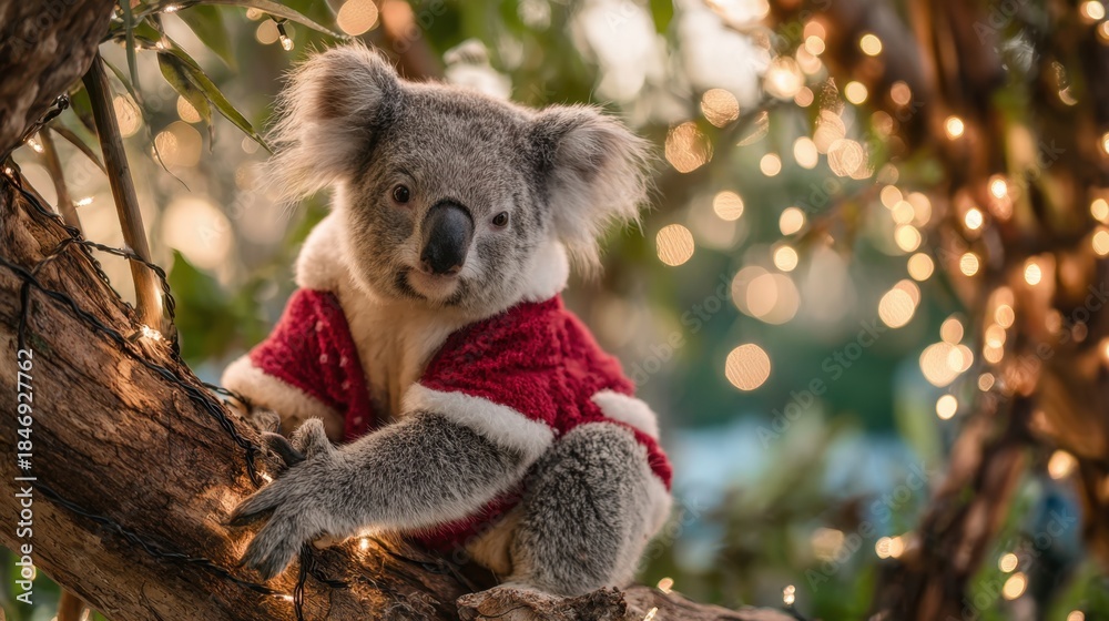 Fototapeta premium Cute koala wearing a red Christmas sweater sits on a tree branch adorned with fairy lights