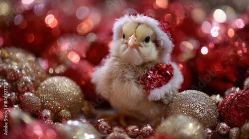 Adorable fluffy chick wearing a festive red and white Santa hat and sequined outfit
