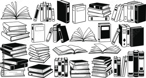 Book outline illustration set, reading library elements, education knowledge symbols, stacked books line art, black white collection