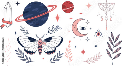 Vector Illustration Set of Celestial and Mystical Esoteric Elements; Moth, Planets, Crystal, Crescent Moon, Dream Catcher, and Witchy Bohemian Decor
