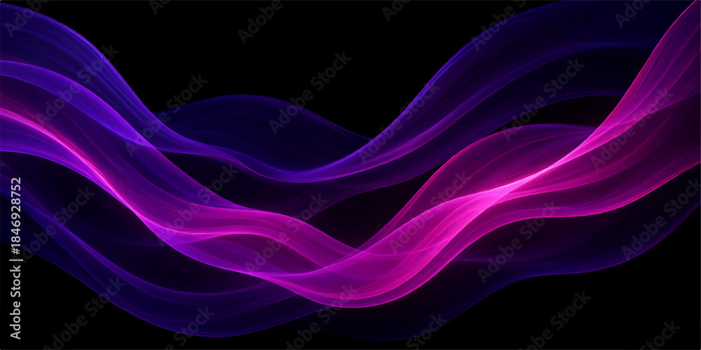 Fototapeta premium Abstract flowing purple smoke pattern and blue light waves on a black backdrop
