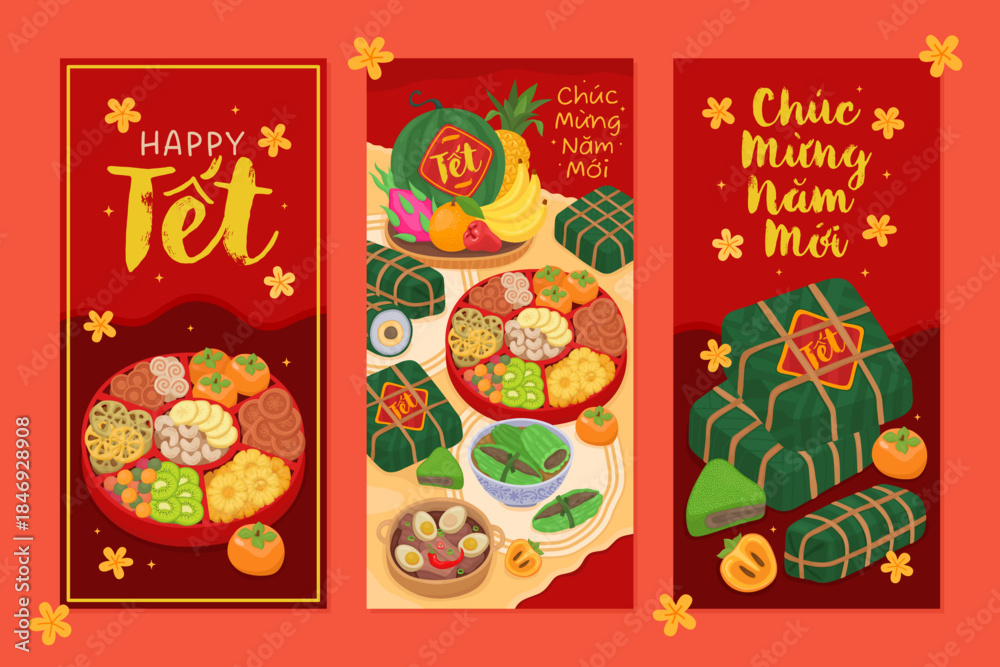 Fototapeta premium Design of festive red money envelopes for Vietnamese Lunar New Year (Tet). Traditional sticky rice cakes, candy box, inscription in Vietnamese Сhúc Mừng Năm Mới (Happy New Year)
