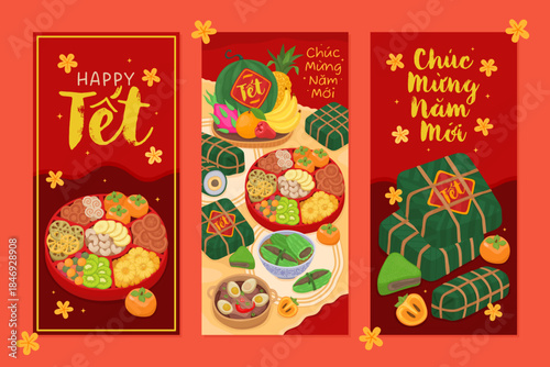 Design of festive red money envelopes for Vietnamese Lunar New Year (Tet). Traditional sticky rice cakes, candy box, inscription in Vietnamese Сhúc Mừng Năm Mới (Happy New Year)