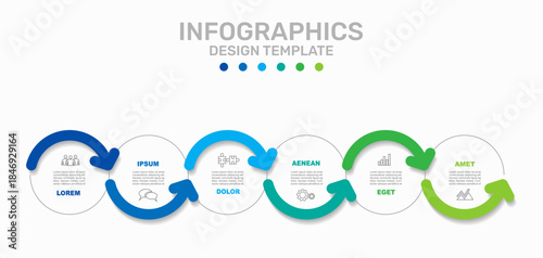 Curved arrow infographic timeline with segments and icons, for process visualization, business presentations. Vector illustration.