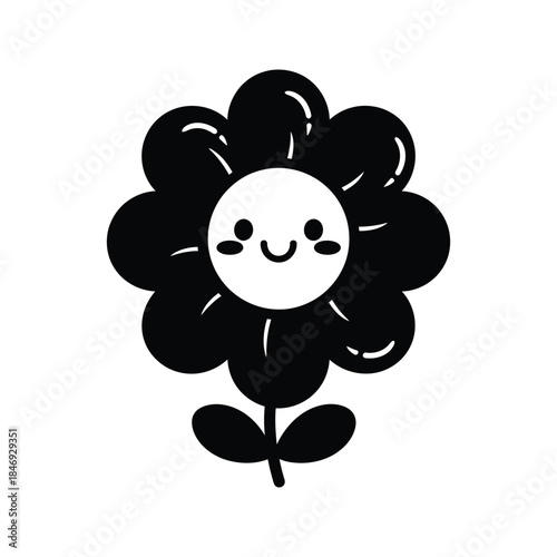 Cute cartoon flower with smiling face and leaves