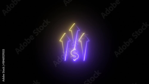 Abstract of a glowing dollar sign with three upward arrows, which symbolize, 3 dollar up arrow animation, 4k video footage