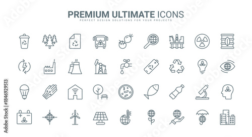 Ecology, environment protection thin line icons set vector illustration. Outline recycle technology for eco factory, water pollution with oil platform and pump, alternative energy and bio fuel