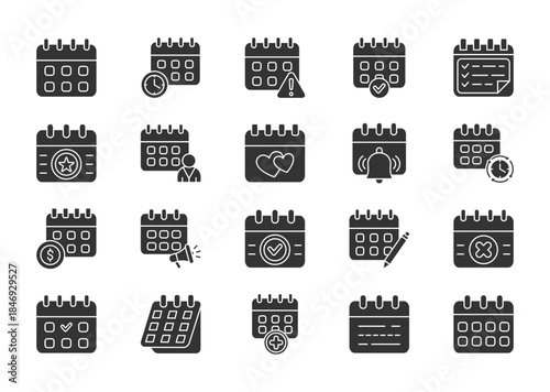 Calendar thin glyph icon set. Containing date, schedule, month, alert, week, appointment, organizer, event, planner, save the date