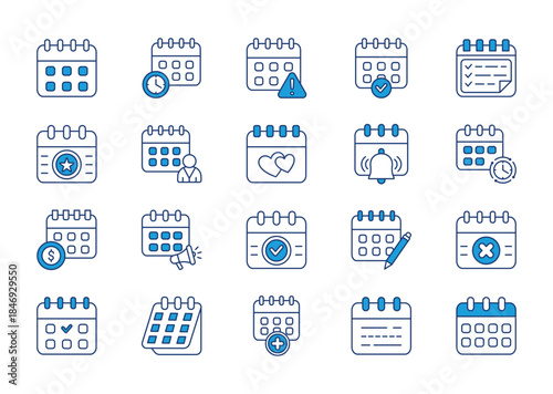 Calendar thin blue icon set. Containing date, schedule, month, alert, week, appointment, organizer, event, planner, save the date