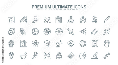 Science research technology thin line icons set vector illustration. Outline scientific laboratory equipment symbols, knowledge and study of chemistry, physics and biology in university, data analysis