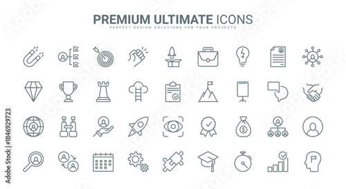 Business challenge and motivation for career growth thin line icons set vector illustration. Abstract outline professional ambitions and risks, success leadership and launch finance projects