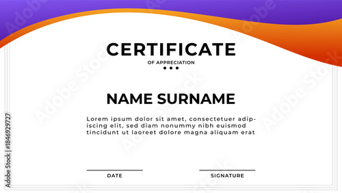 BUSINESS CERTIFICATE OF APPRECIATION BACKGROUND WITH HANDDRAWN ORGANIC SHAPES GRADIENT PURPLE ORANGE COLORFUL TEMPLATE DESIGN VECTOR 