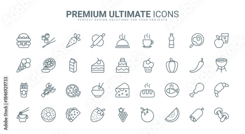 Food and drink thin line icons set vector illustration. Outline meal collection for restaurant and cafe menu, coffee with cake or donut, sushi and noodles, healthy vegetable or pizza and chicken