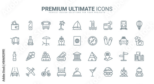 Travel and summer vacation, tourism thin line icons set vector illustration. Outline transport for journey, ticket to sightseeing destination, passport and suitcase, compass and wallet of tourist