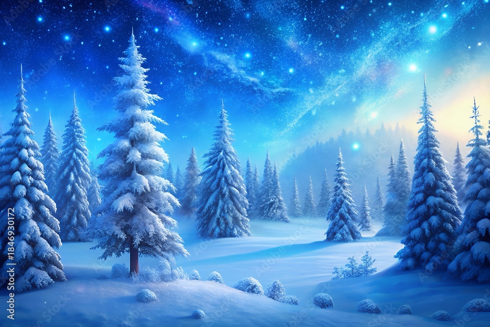 Naklejka premium Magical winter landscape with snow covered trees under starry night sky