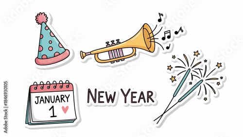 New Year's celebration elements illustration with party hat, trumpet, sparklers, and January 1 calendar.