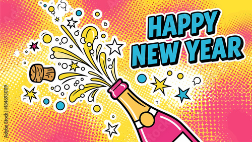 A vibrant pop art illustration of a champagne bottle popping, celebrating the "Happy New Year" holiday.