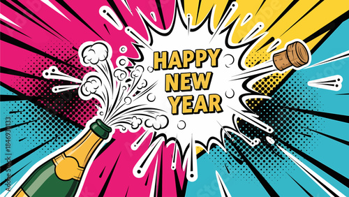 Vibrant pop art style illustration of a champagne bottle popping with 'Happy New Year' text in a speech bubble.