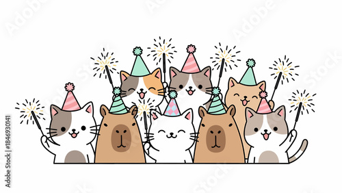 Cute cartoon cats and capybaras celebrating with party hats and sparklers.