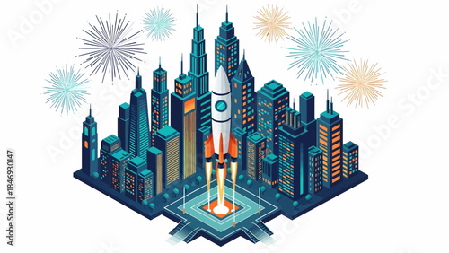 Isometric view of a futuristic city with a rocket launching and fireworks in the sky.