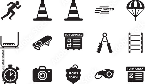 Collection of Sport and Fitness Icons Including Group Exercise, Yoga Poses, Cycling, Dancing, and Workout Schedule in Black Silhouette
