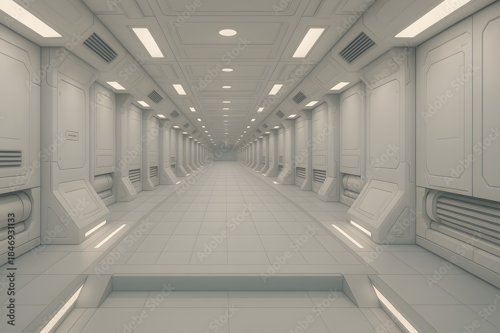 Obraz premium Long space station hallway with clean white walls and strong perspective depth